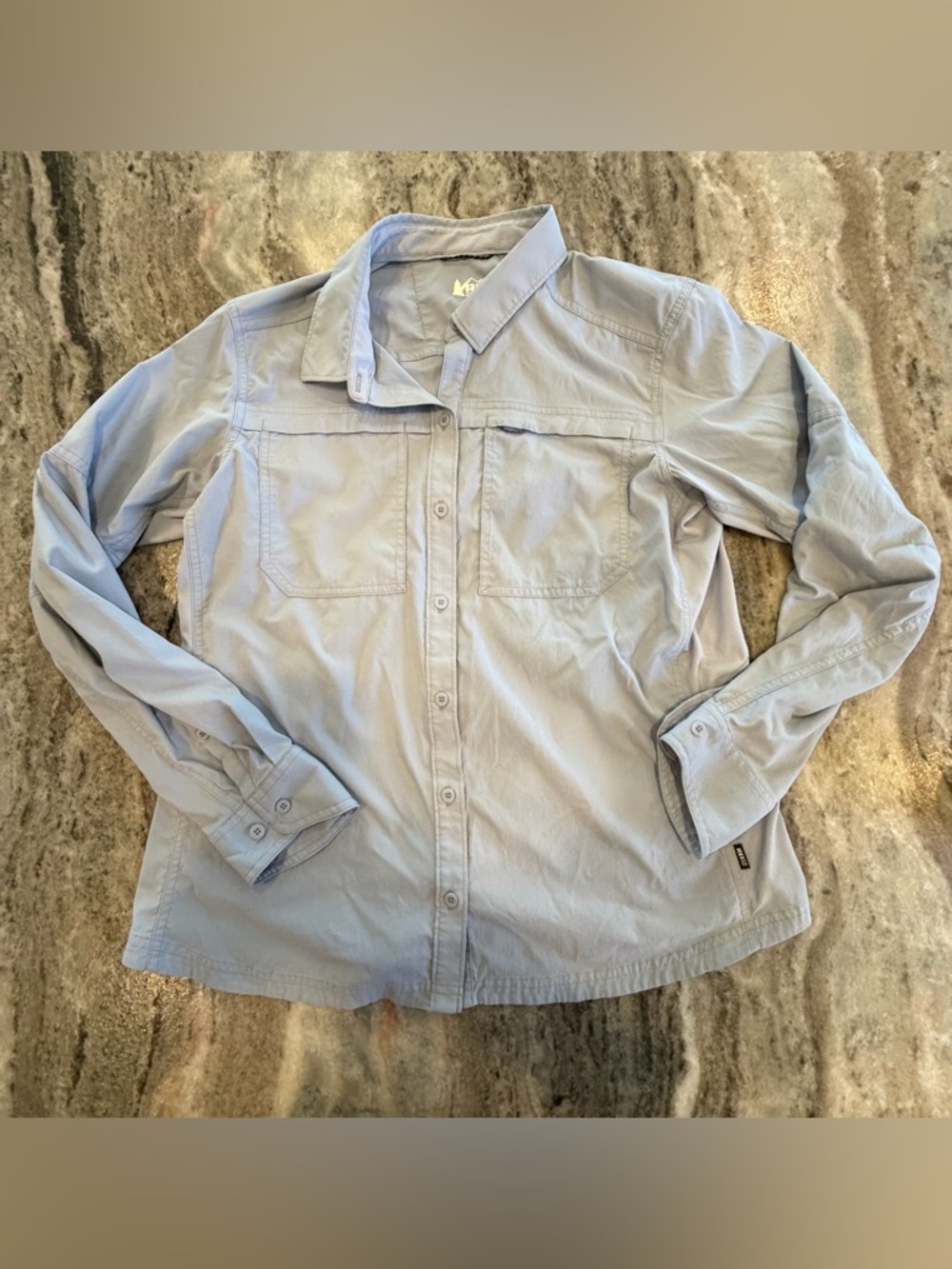 REI Co-Op L Womens Sahara Button Up Shirt Blue Long Sleeve Vented Outdoor Hiking
